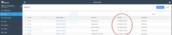 Created Date Items list