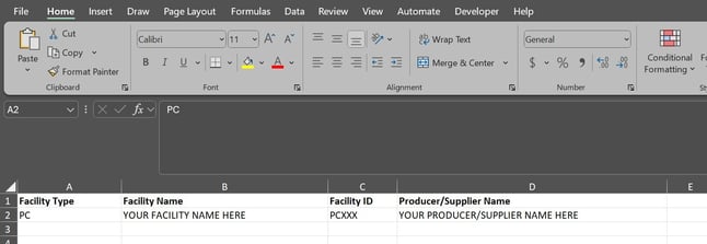 Facility Type Tab on Import Sheet