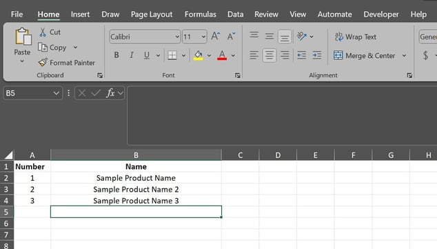 Product List Tab on Import Sheet
